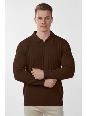 Rizzup Erkek Kahve Slim Fit Polo Yaka Triko Kazak - Yumuşak Dokulu Esnek ve Şık Görünüm 2605305