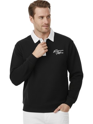 Rizzup Erkek Siyah Relax Fit Içi Polarlı Polo Yaka Sweatshirt – Pamuklu Kalın Sweatshirt 2600762