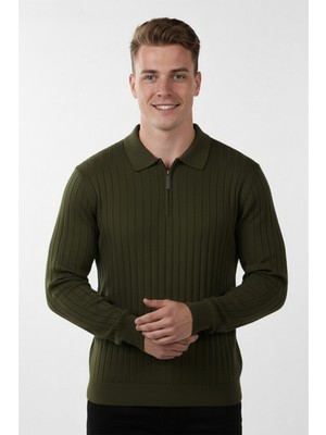 Rizzup Erkek Haki Slim Fit Polo Yaka Triko Kazak - Yumuşak Dokulu Esnek ve Şık Görünüm 2605305