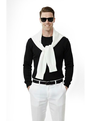 Rizzup Siyah Dar Kesim Likralı Erkek Triko Kazak – Bisiklet Yaka Şık Tasarım 2605433