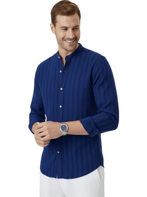 Rizzup Lacivert Slim Fit Çizgili %100 Pamuk Erkek Gömlek – Nefes Alan Şık Günlük Gömlek 2602626