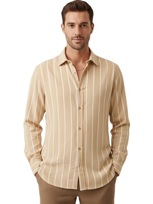 Rizzup Bej Slim Fit Erkek Gömlek Kolay Ütülenen Nefes Alan Kumaş, Dört Mevsim Şıklık 2608515