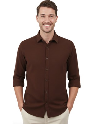 Rizzup Kahve Slim Fit Erkek Gömlek Kolay Ütülenen Nefes Alan Kumaş, Dört Mevsim Şıklık 2608515
