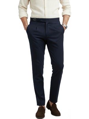 Rizzup Erkek Lacivert Likralı Italyan Kesim Pileli Kemer Tokalı Şık Kumaş Pantolon 2601020