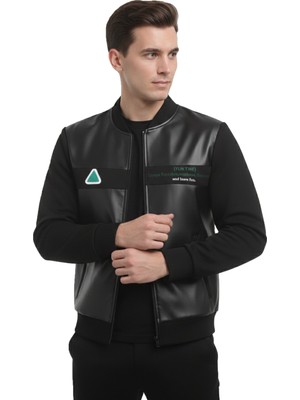 Rizzup Siyah Dar Kesim Erkek Suni Deri Ceket / Mont – Kolej Yaka Penye Kollu Ceket Mont 2600738