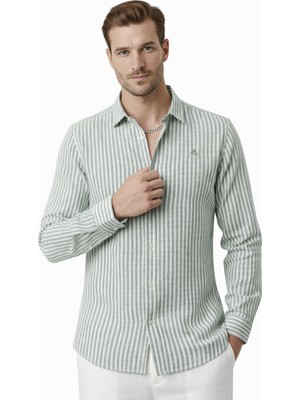 Rizzup Haki Slim Fit Çizgili %100 Pamuk Erkek Gömlek – Nefes Alan Şık Günlük Gömlek 2602626