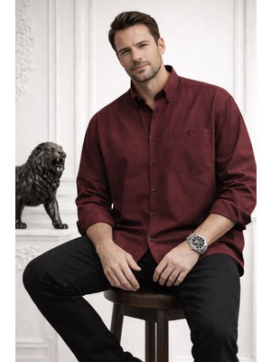 Varetta Erkek Bordo Büyük Beden Gömlek Yaka Düğmeli Uzun Kollu Düz Düz