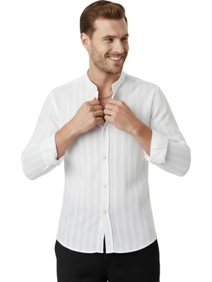 Rizzup Beyaz Slim Fit Çizgili %100 Pamuk Erkek Gömlek – Nefes Alan Şık Günlük Gömlek 2602626
