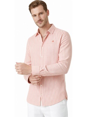 Rizzup Turuncu Slim Fit Çizgili %100 Pamuk Erkek Gömlek – Nefes Alan Şık Günlük Gömlek 2602626