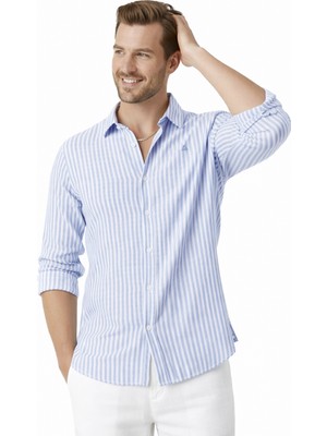 Rizzup Mavi Slim Fit Çizgili %100 Pamuk Erkek Gömlek – Nefes Alan Şık Günlük Gömlek 2602626