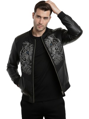 Rizzup Siyah Dar Kesim Erkek Suni Deri Ceket – Taşlı Aslan Nakışlı Kolej Yaka Ribanalı Ceket 2600353