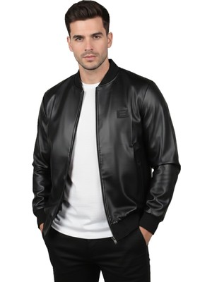 Rizzup Siyah Erkek Suni Deri Ceket / Mont – Dar Kesim Kolej Yaka Taş Detaylı 2600659