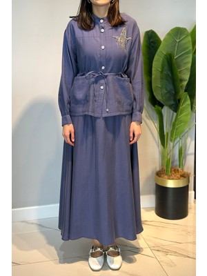 Lale Butik Taş Işlemeli Gömlek Çan Etek Takım 4443 Indigo
