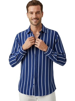 Rizzup Mavi Slim Fit Erkek Gömlek Kolay Ütülenen Nefes Alan Kumaş, Dört Mevsim Şıklık 2608515