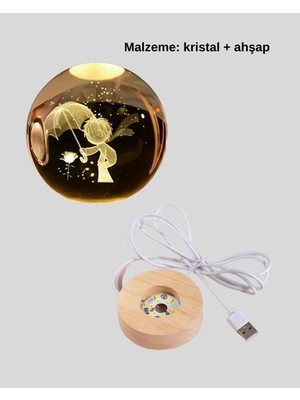 Renklime Masif Ahşap Standlı 3D Küçük Prens Kristal Top USB Gece Lambası Sıcak Işık