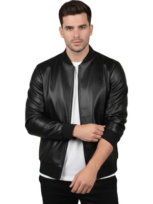 Rizzup Siyah Kolej Yaka Slim Fit Suni Deri Ceket – Arkası Taş Işlemeli Erkek Mont 2602659