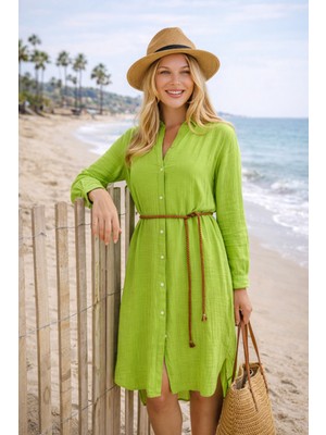Miespiga Pamuklu Dokuma Müslin Hakim Yaka Kemer Detaylı Plaj Gömlek Elbise
