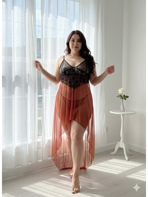 Real Passione Lingerie Fantezi Siyah-Kahverengi Dantel Büyük Beden Kadın Gecelik