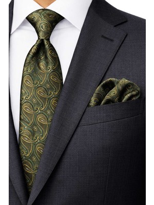 Kravatkolik Yeşil Şal Desen Mendilli Klasik Kravat KK13120