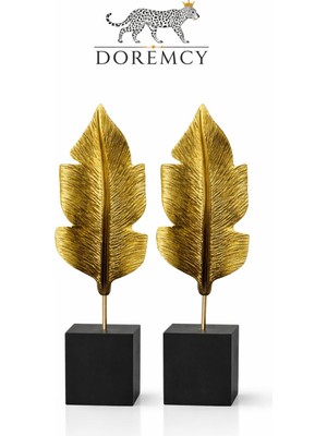 Doremcy Modern Yaprak Biblo 2’li Set Gold & Siyah Dekoratif Obje Salon Masa Üstü Lüks Ev Ofis Dekorasyonu Polyester
