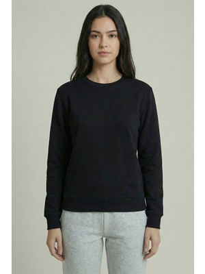 Defy's Elsa Kadın İçi Polarlı 3 İplik Pamuklu Regular Fit Basic Bisiklet Yaka Siyah Sweatshirt