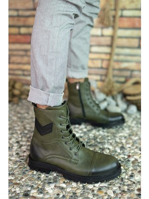 Riccon Haki Cilt Erkek Bot Düz Topuklu Suya Dayanıklı Malzeme ile Rahat Kullanım