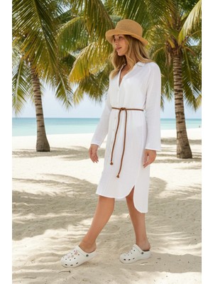 Miespiga Pamuklu Dokuma Müslin Hakim Yaka Kemer Detaylı Plaj Gömlek Elbise