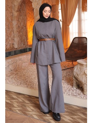 İmaj Butik Gri Kemerli Ceket Pantolonlu Takım