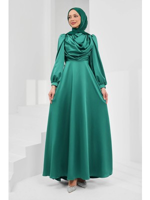 İmaj Butik Zümrüt Yeşili Önü Taşlı Saten Abiye