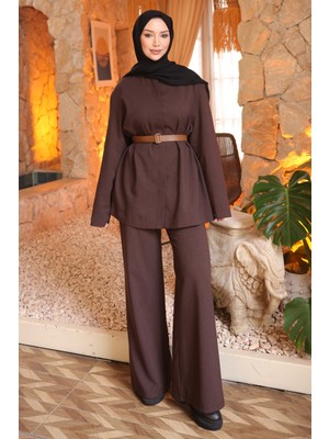 İmaj Butik Kahverengi Kemerli Ceket Pantolonlu Takım