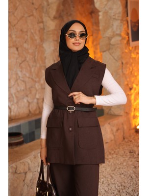 İmaj Butik Kahverengi Çift Cepli Kemerli Yelek Pantolonlu Takım