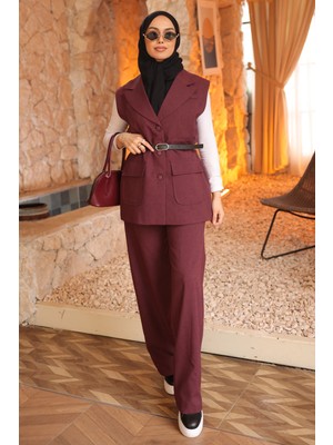 İmaj Butik Bordo Çift Cepli Kemerli Yelek Pantolonlu Takım