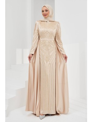 İmaj Butik Bej Önü Taşlı Saten Abiye