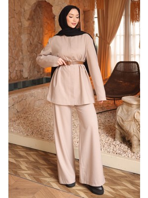 İmaj Butik Bej Kemerli Ceket Pantolonlu Takım