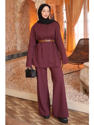 İmaj Butik Bordo Kemerli Ceket Pantolonlu Takım