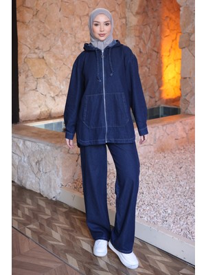 İmaj Butik Lacivert Kapşonlu Cepli Kot Ceket Pantolonlu Takım