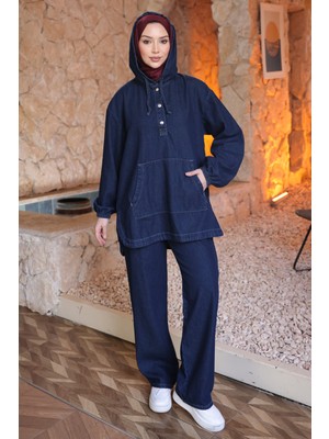 İmaj Butik Lacivert Kapşonlu Kol Lastikli Tunik Pantolonlu Kot Takım