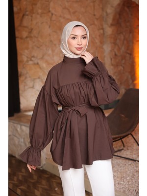 İmaj Butik Kahverengi Büzgü Detaylı Balon Kol Kuşaklı Tunik