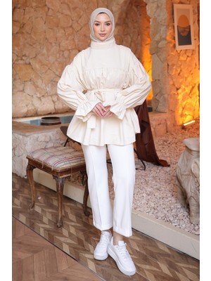 İmaj Butik Krem Büzgü Detaylı Balon Kol Kuşaklı Tunik