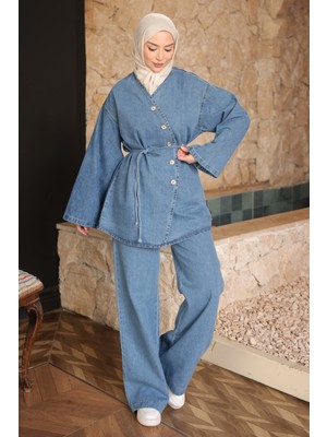 İmaj Butik Mavi Düğmeli Ceket Pantolonlu Kot Takım