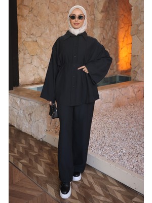 İmaj Butik Siyah Bel Bağlamalı Tunik Pantolonlu Modal Takım