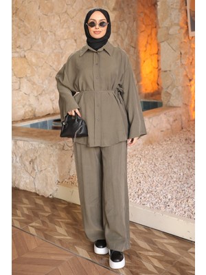İmaj Butik Haki Bel Bağlamalı Tunik Pantolonlu Modal Takım