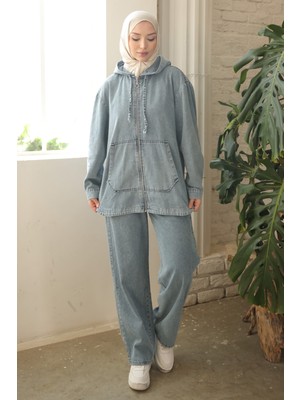 İmaj Butik Mavi Kapşonlu Cepli Kot Ceket Pantolonlu Takım