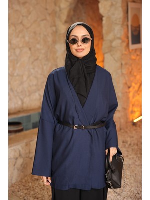 İmaj Butik Lacivert Kemerli Kruvaze Yaka Salaş Ceket