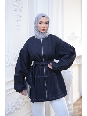 İmaj Butik Lacivert Balon Kol Fermuarlı Oversize Kot Ceket