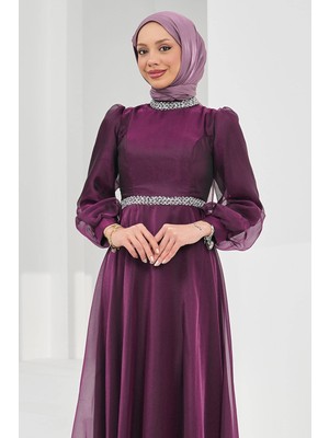 İmaj Butik Mor Yaka Bel Taşlı Balon Kol Abiye
