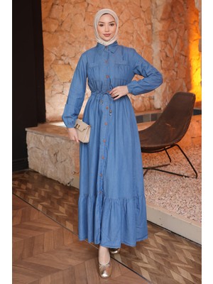 İmaj Butik Mavi Bel Bağlamalı Eteği Katlı Kot Elbise
