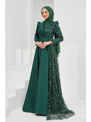 İmaj Butik Zümrüt Yeşili Önü Drapeli Pul Payetli Saten Abiye