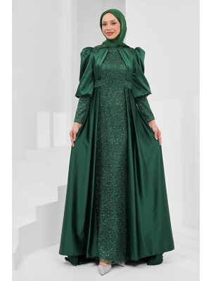 İmaj Butik Zümrüt Yeşili Kuyruklu Boncuk Işlemeli Saten Abiye
