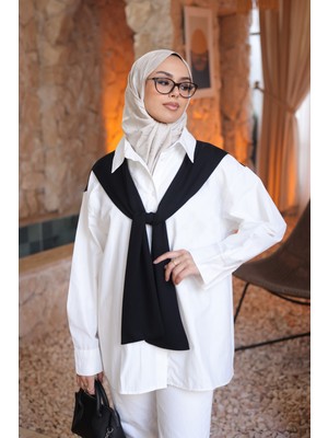 İmaj Butik Beyaz Siyah Atkı Detaylı Oversize Garnili Gömlek